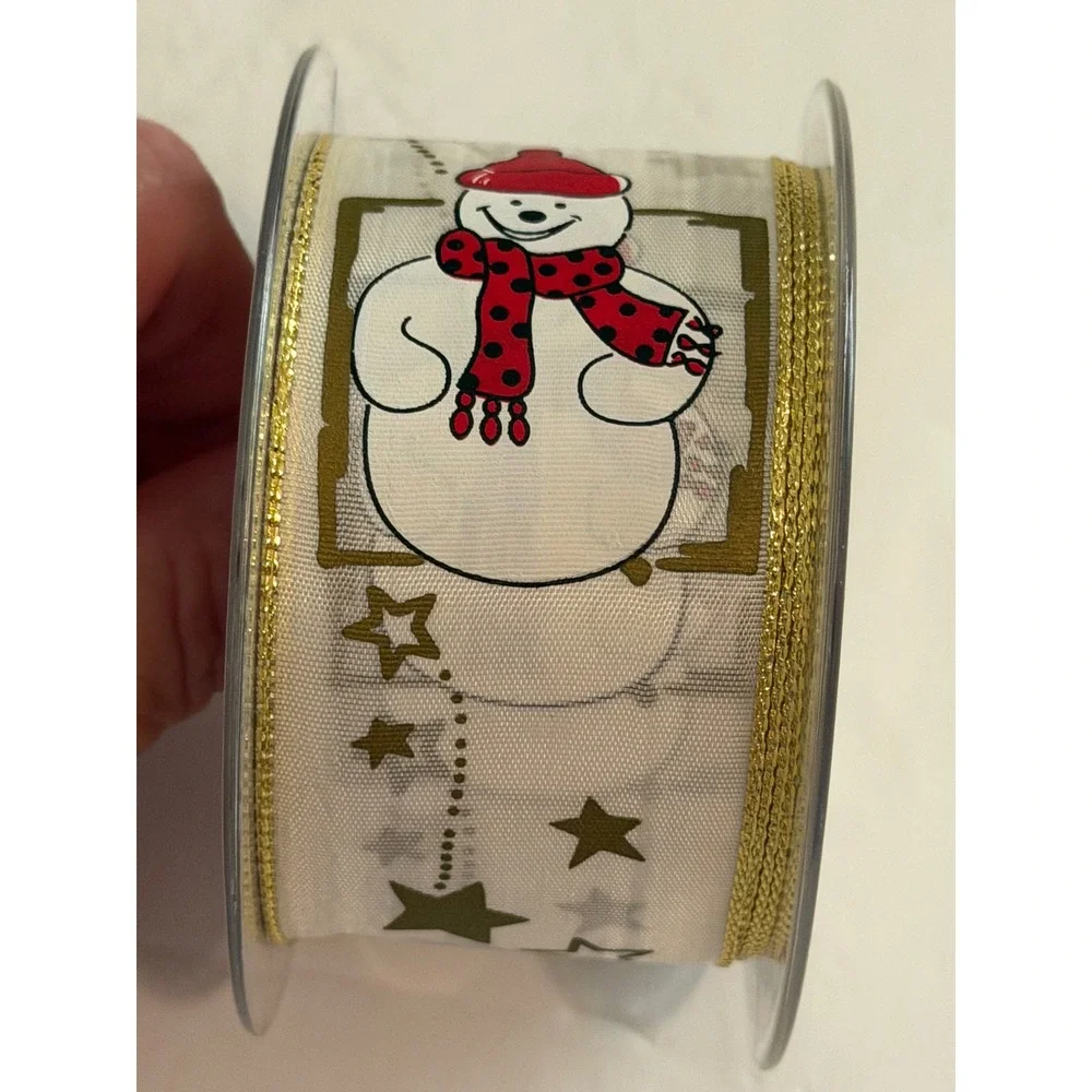 FOWOID Decoration Snowman Wired Christmas Ribbon Gold Metallic Edge Ivory 2.5in